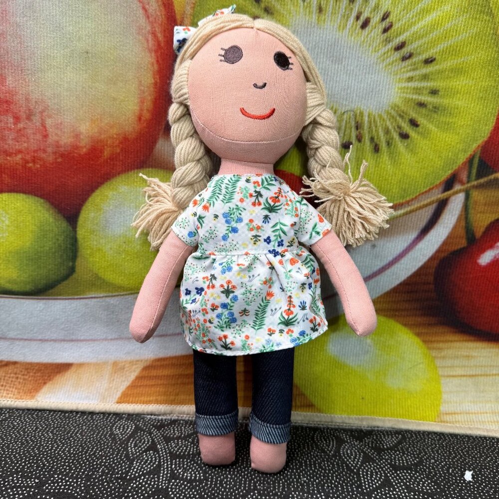Handmade Fabric Doll With Blonde Braids & Floral Dress - Picture 1 of 7